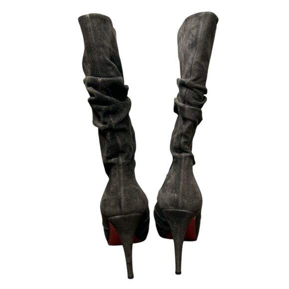 Christian Louboutin Gray Suede Slouch Boots Red Sole Stiletto Heel Size 37.5 - Picture 4 of 6